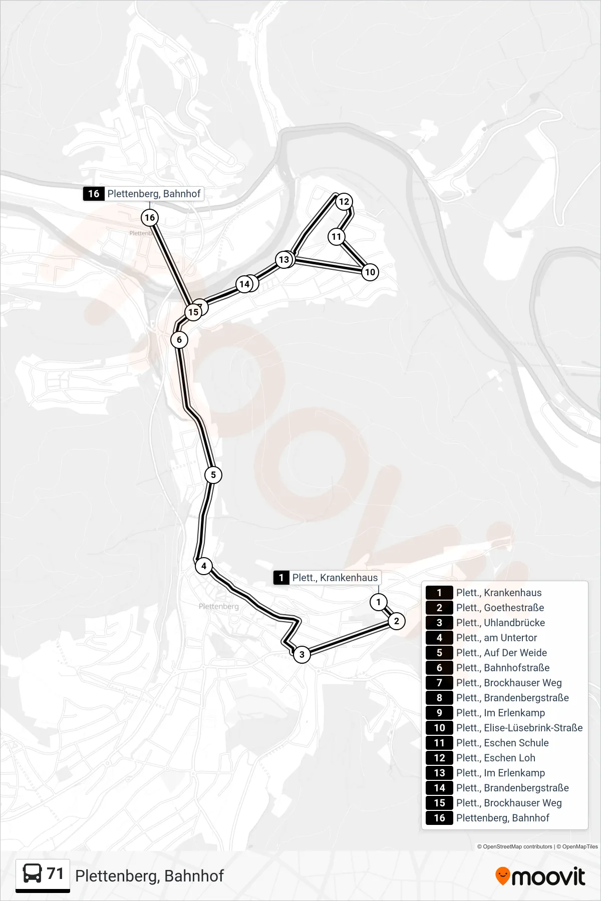 Linie 71 (Bus) Richtung Plettenberg, Bahnhof: Route und Haltestellen auf der Karte