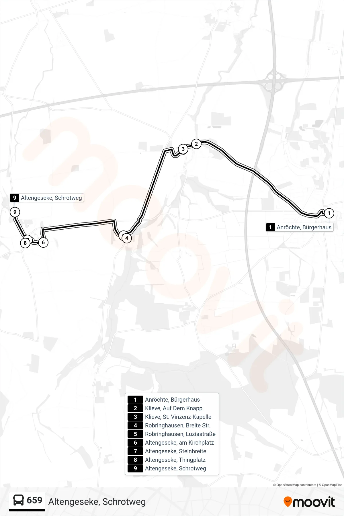 659 bus Line (Altengeseke, Schrotweg) route and stops on a map