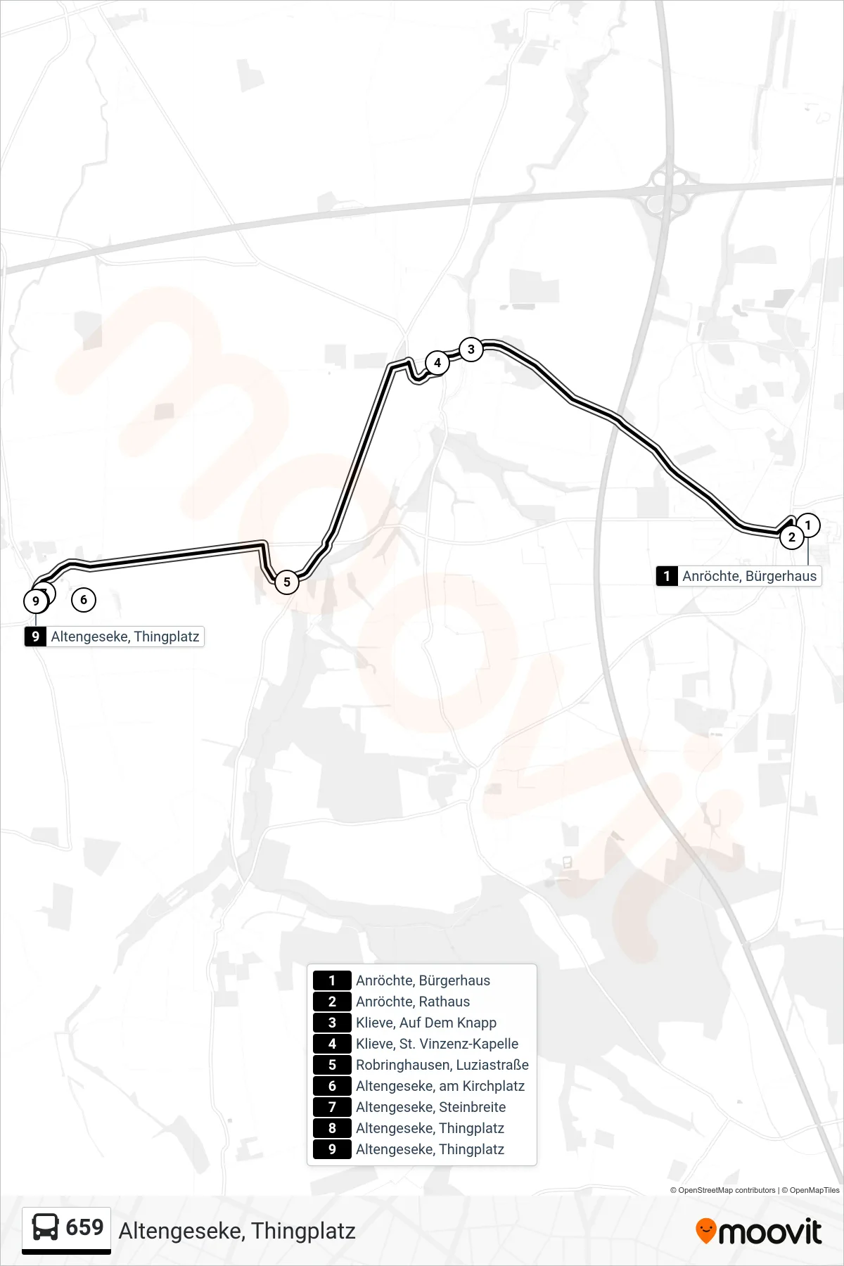 659 bus Line (Altengeseke, Thingplatz) route and stops on a map