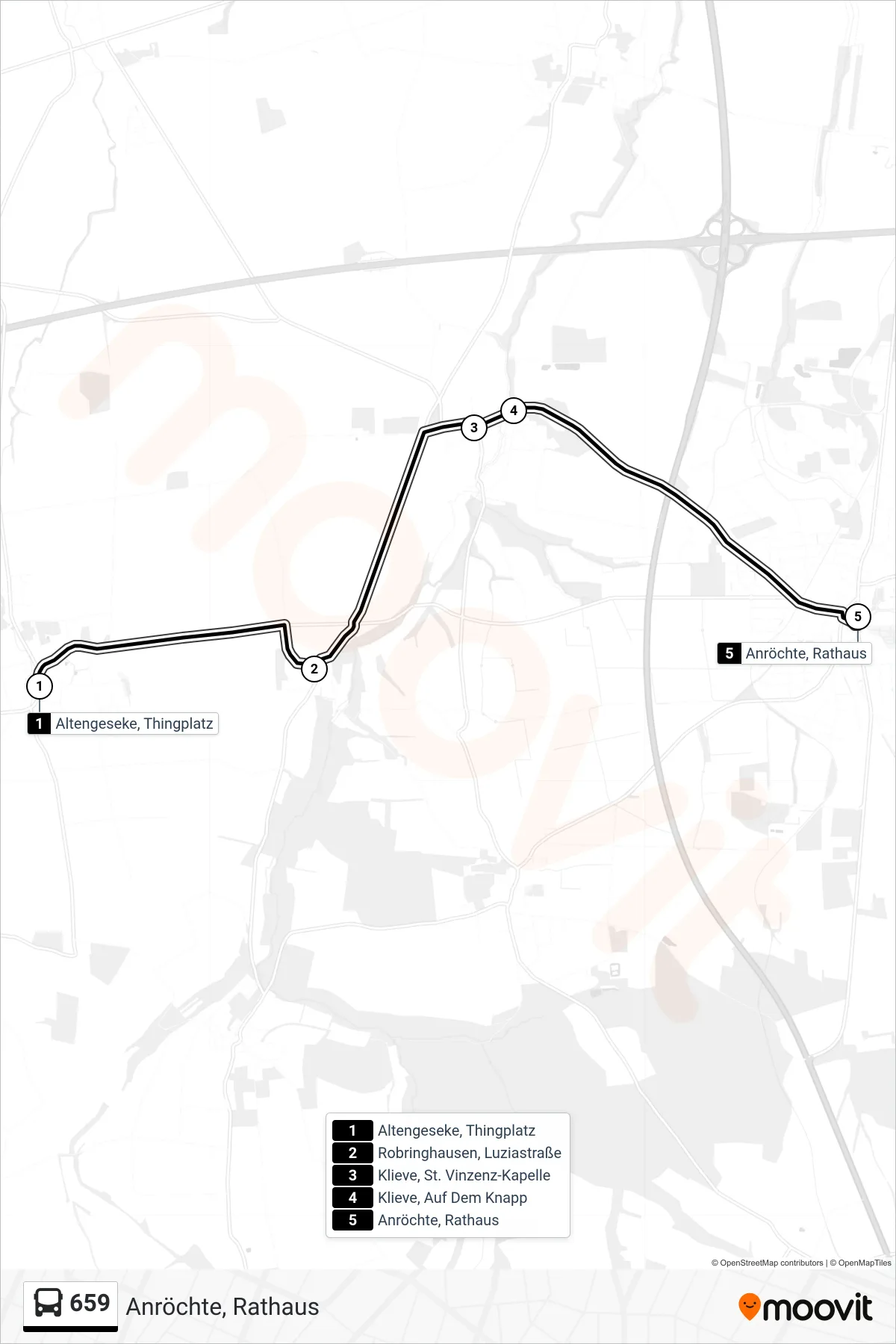 659 bus Line (Anröchte, Rathaus) route and stops on a map