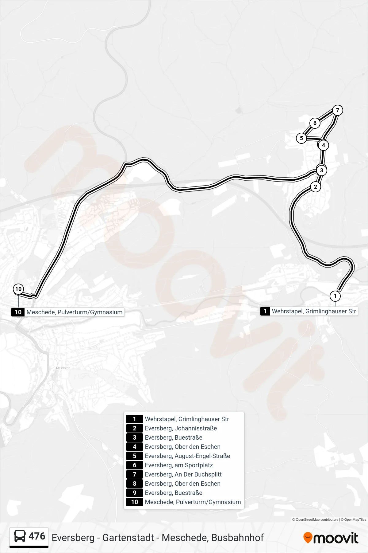 Linie 476 (Bus) Richtung Meschede, Pulverturm/Gymnasium: Route und Haltestellen auf der Karte