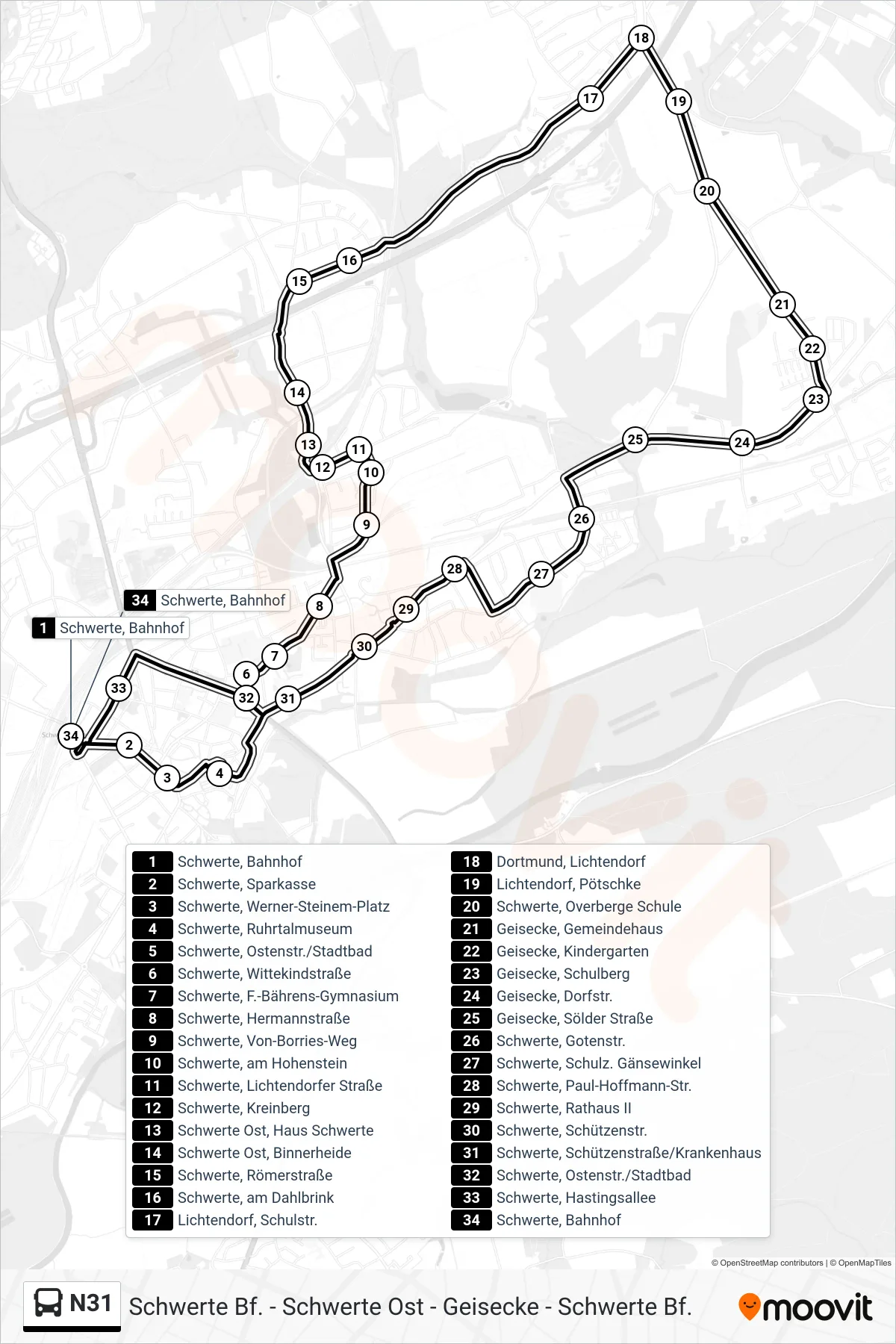 Linie N31 (Bus) Richtung Schwerte, Bahnhof Bstg A: Route und Haltestellen auf der Karte