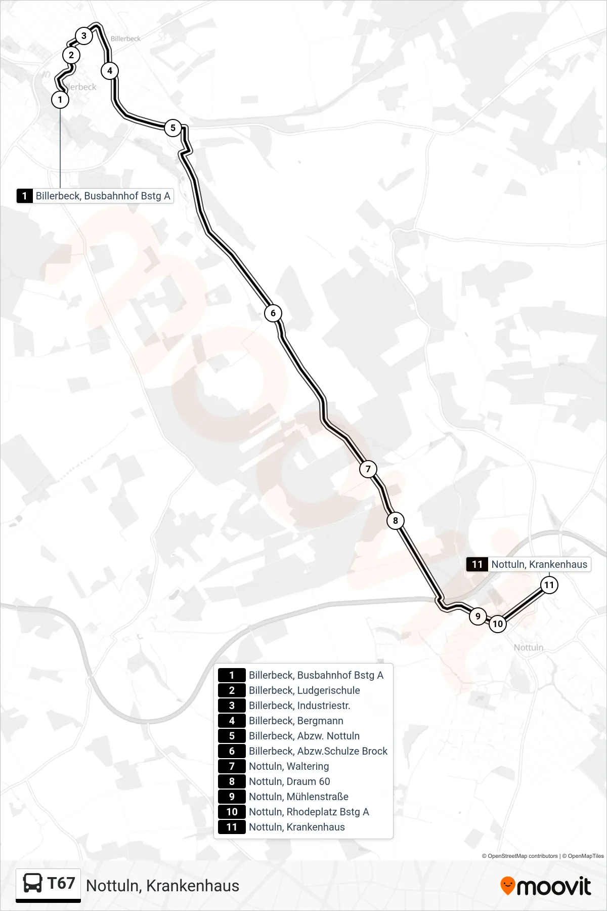 T67 bus Line (Nottuln, Krankenhaus) route and stops on a map