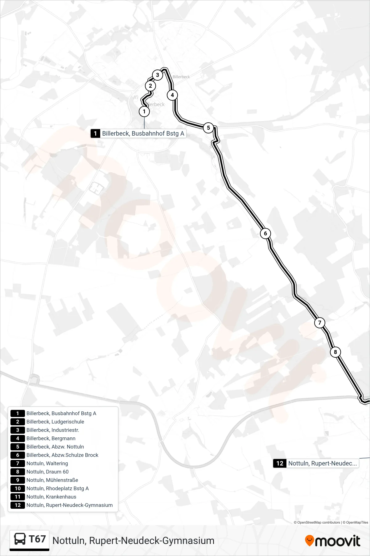 Linie T67 (Bus) Richtung Nottuln, Rupert-Neudeck-Gymnasium: Route und Haltestellen auf der Karte