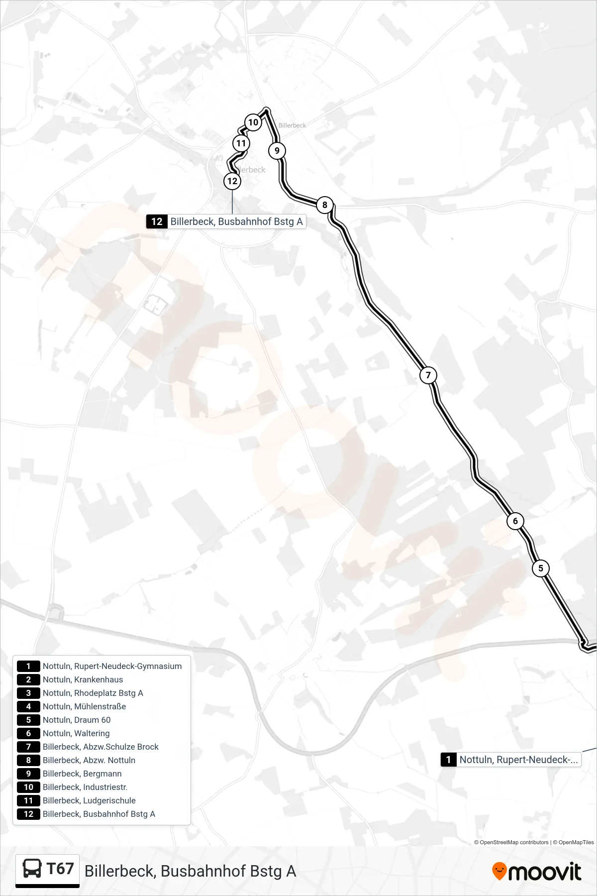 T67 bus Line (Billerbeck, Busbahnhof Bstg A) route and stops on a map