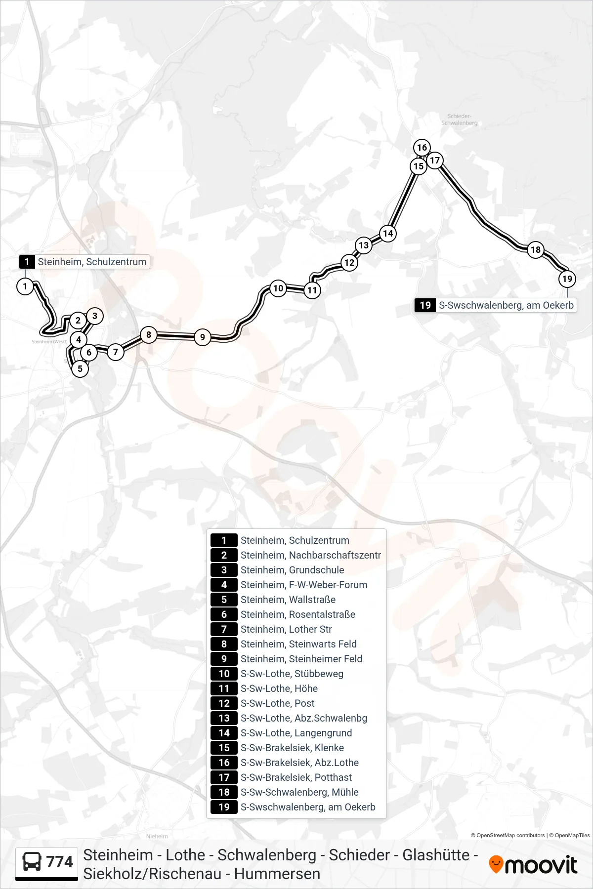 774 bus Line (Schwalenberg) route and stops on a map