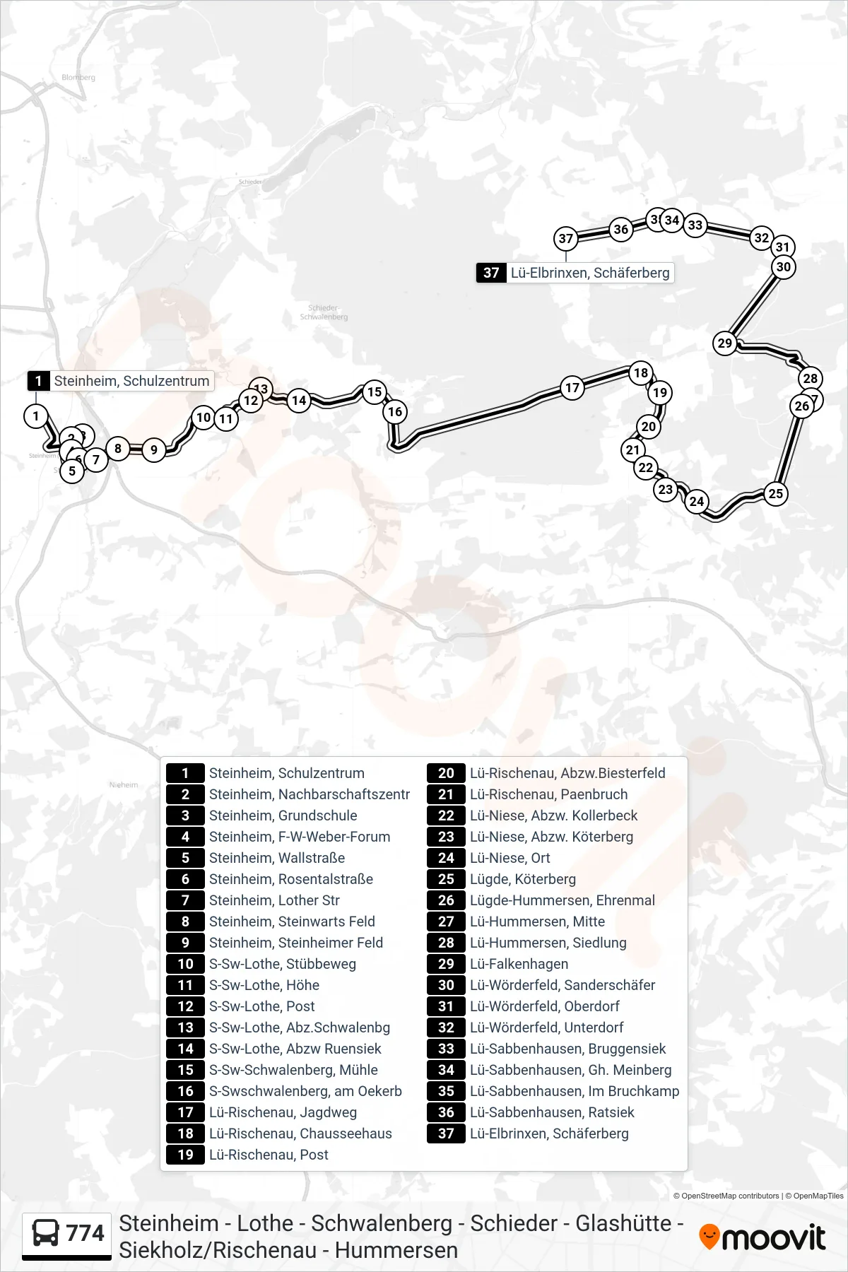 774 bus Line (Elbrinxen) route and stops on a map