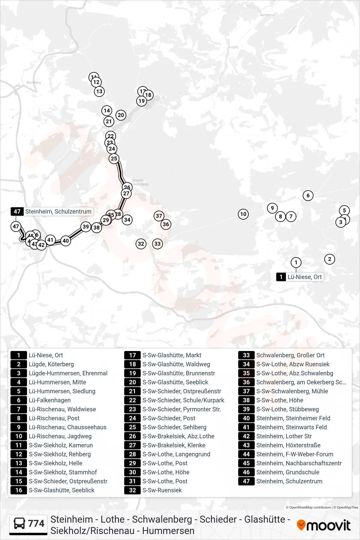 774 bus Line (Steinheim) route and stops on a map