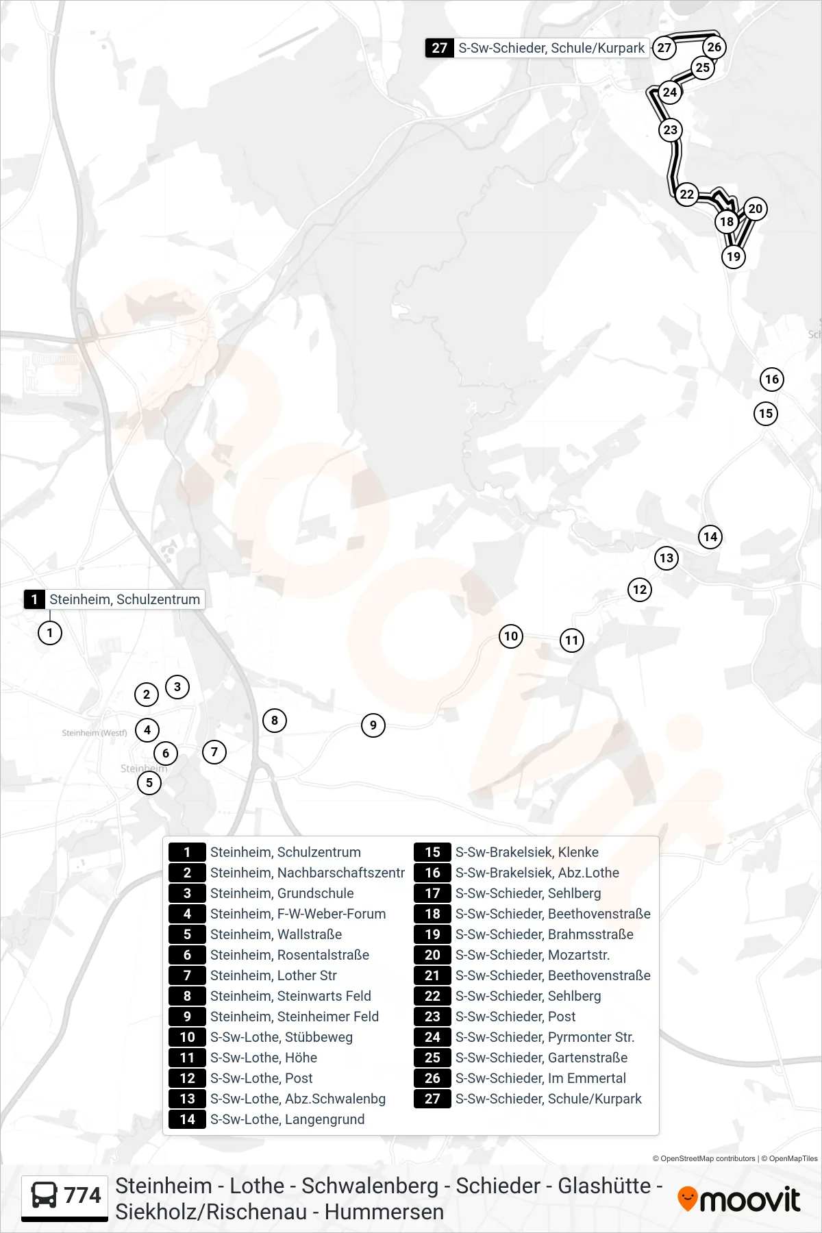 774 bus Line (Schieder) route and stops on a map