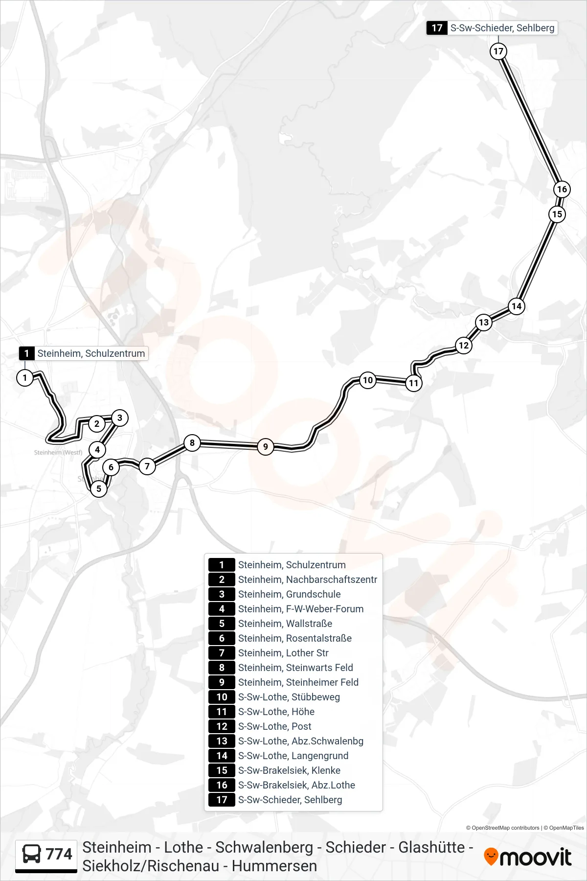 774 bus Line (S-Sw-Schieder, Sehlberg) route and stops on a map