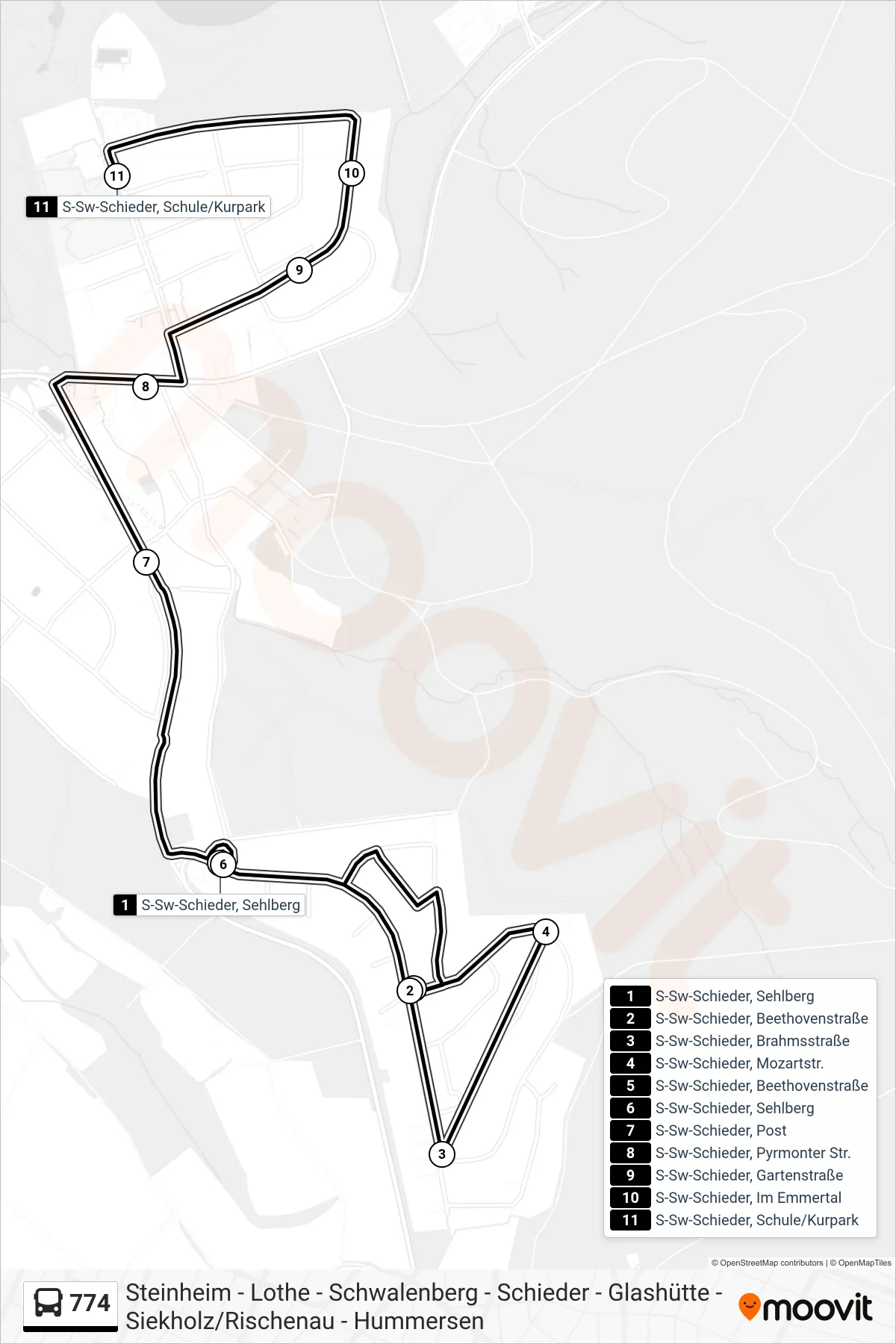 774 bus Line (S-Sw-Schieder, Schule/Kurpark) route and stops on a map