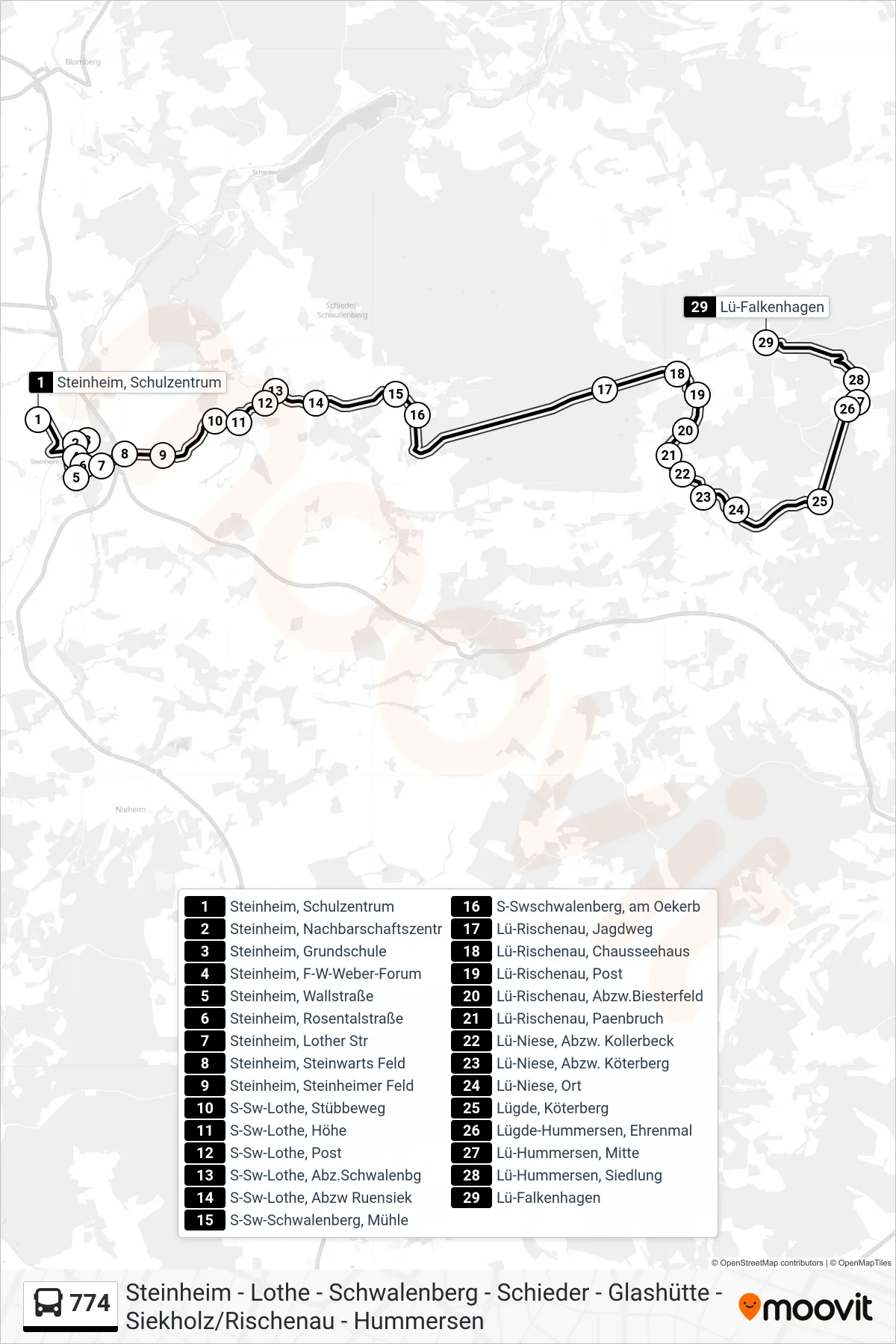 774 bus Line (Lü-Falkenhagen) route and stops on a map