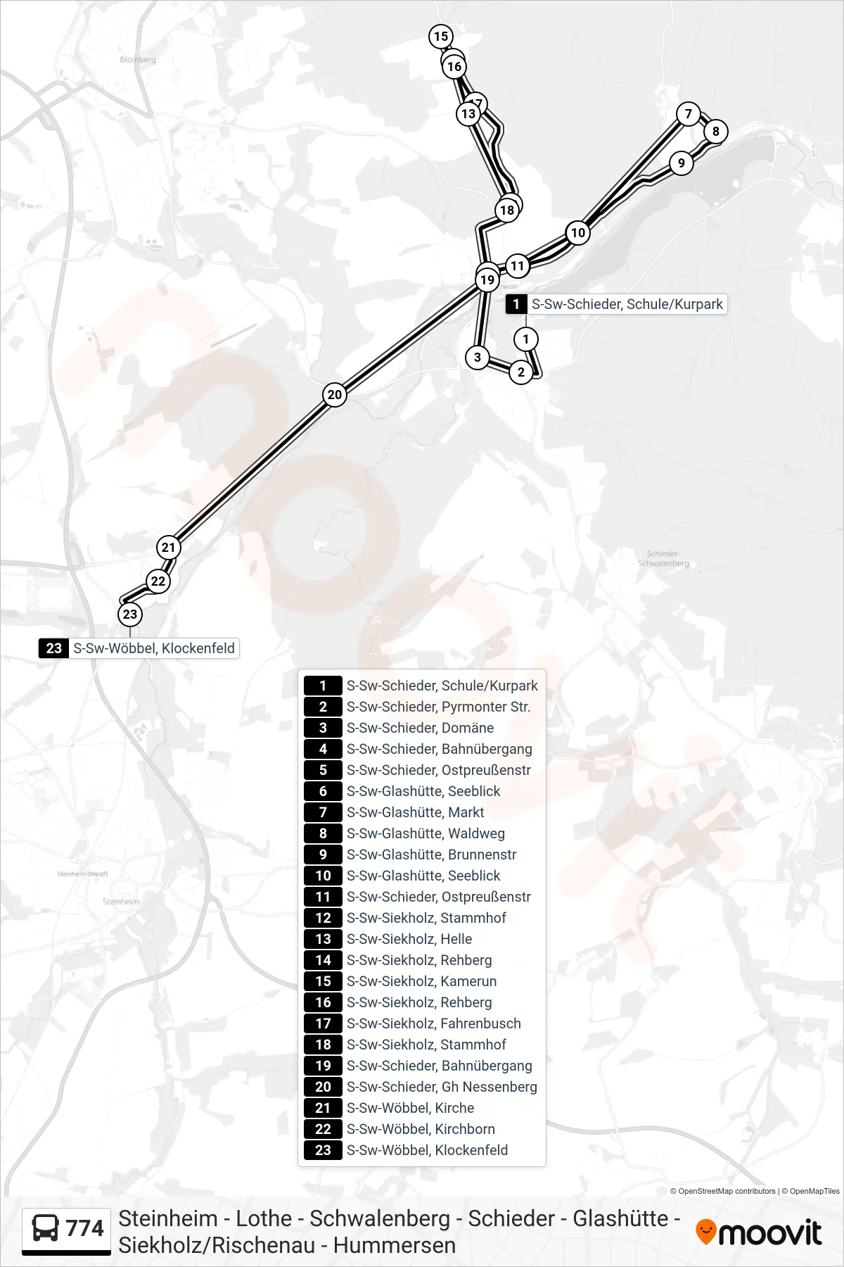 774 bus Line (S-Sw-Wöbbel, Klockenfeld) route and stops on a map