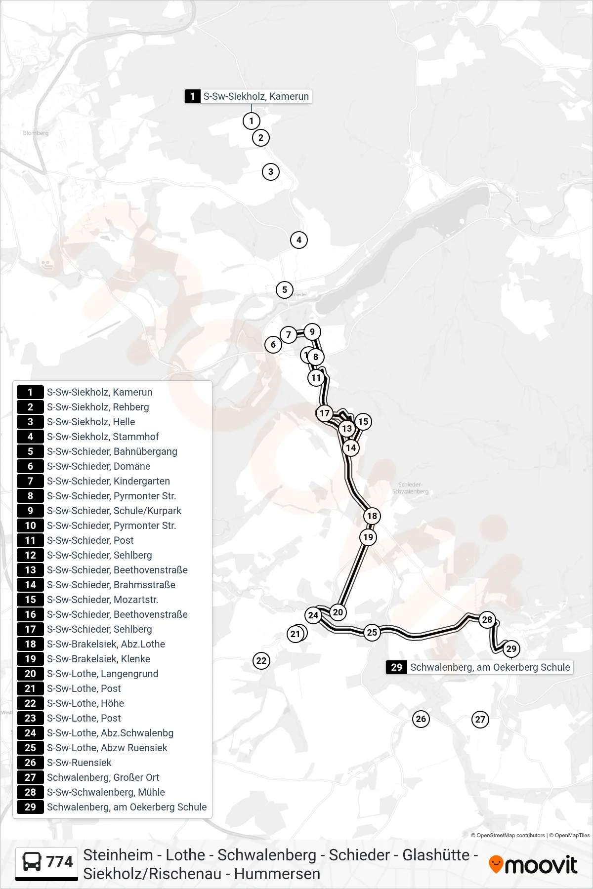 774 bus Line (Schwalenberg, am Oekerberg Schule) route and stops on a map