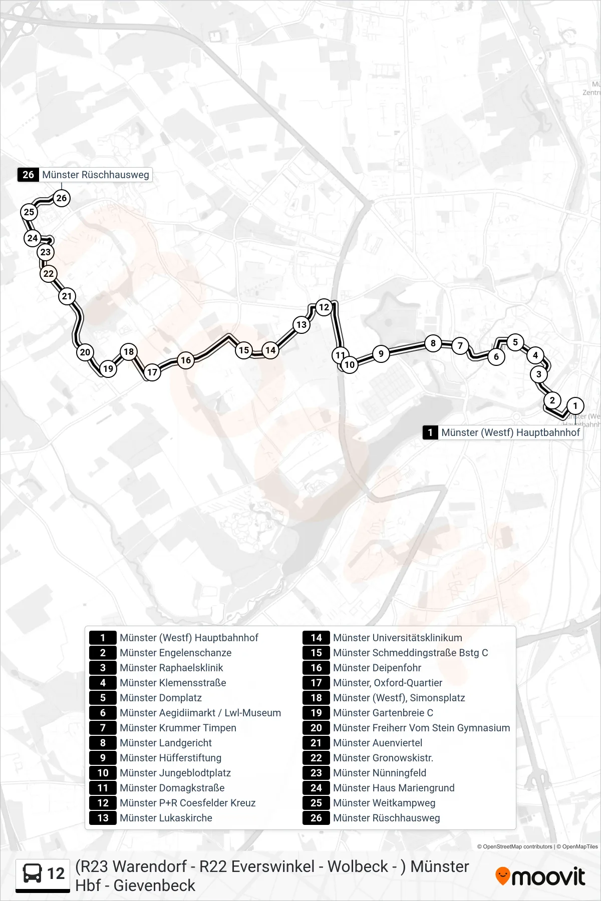 12 bus Line (Münster Rüschhausweg Bstg D) route and stops on a map