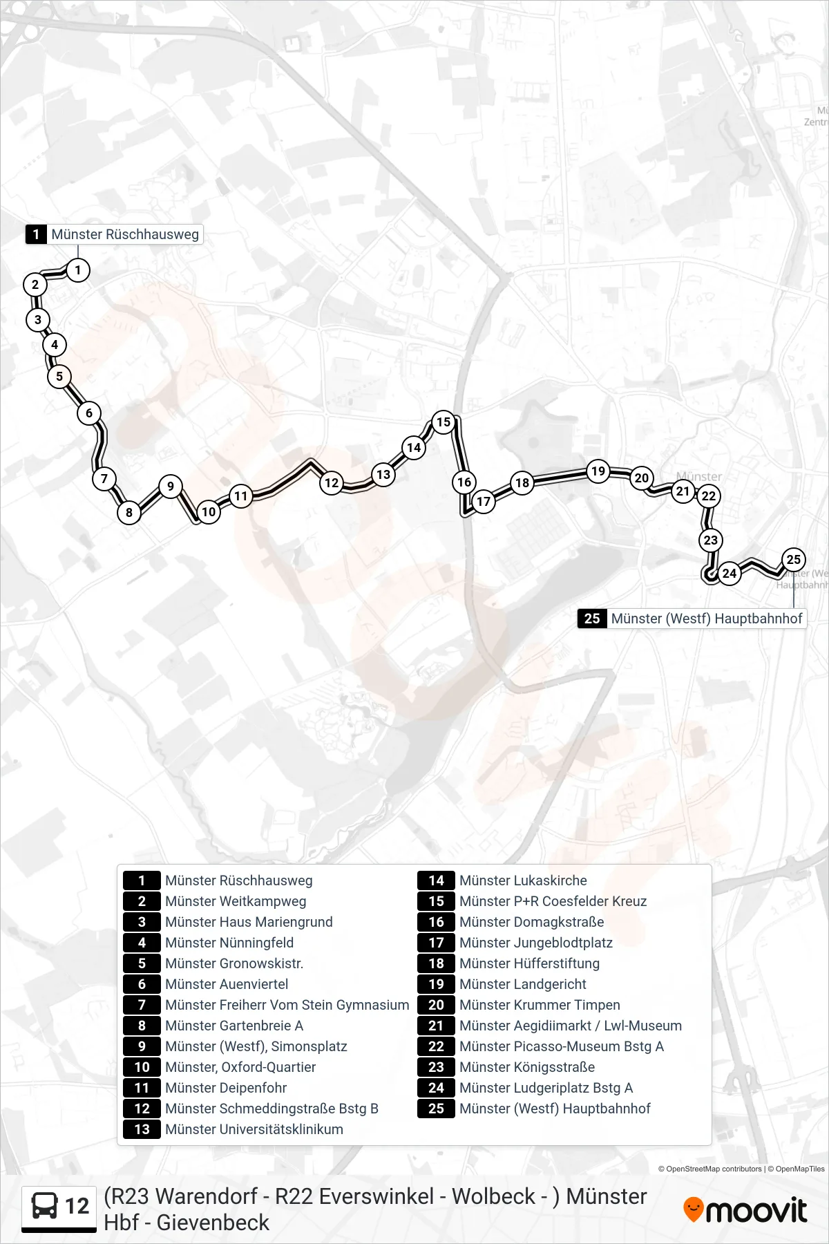Linie 12 (Bus) Richtung Münster (Westf)  Hauptbahnhof Bstg A: Route und Haltestellen auf der Karte