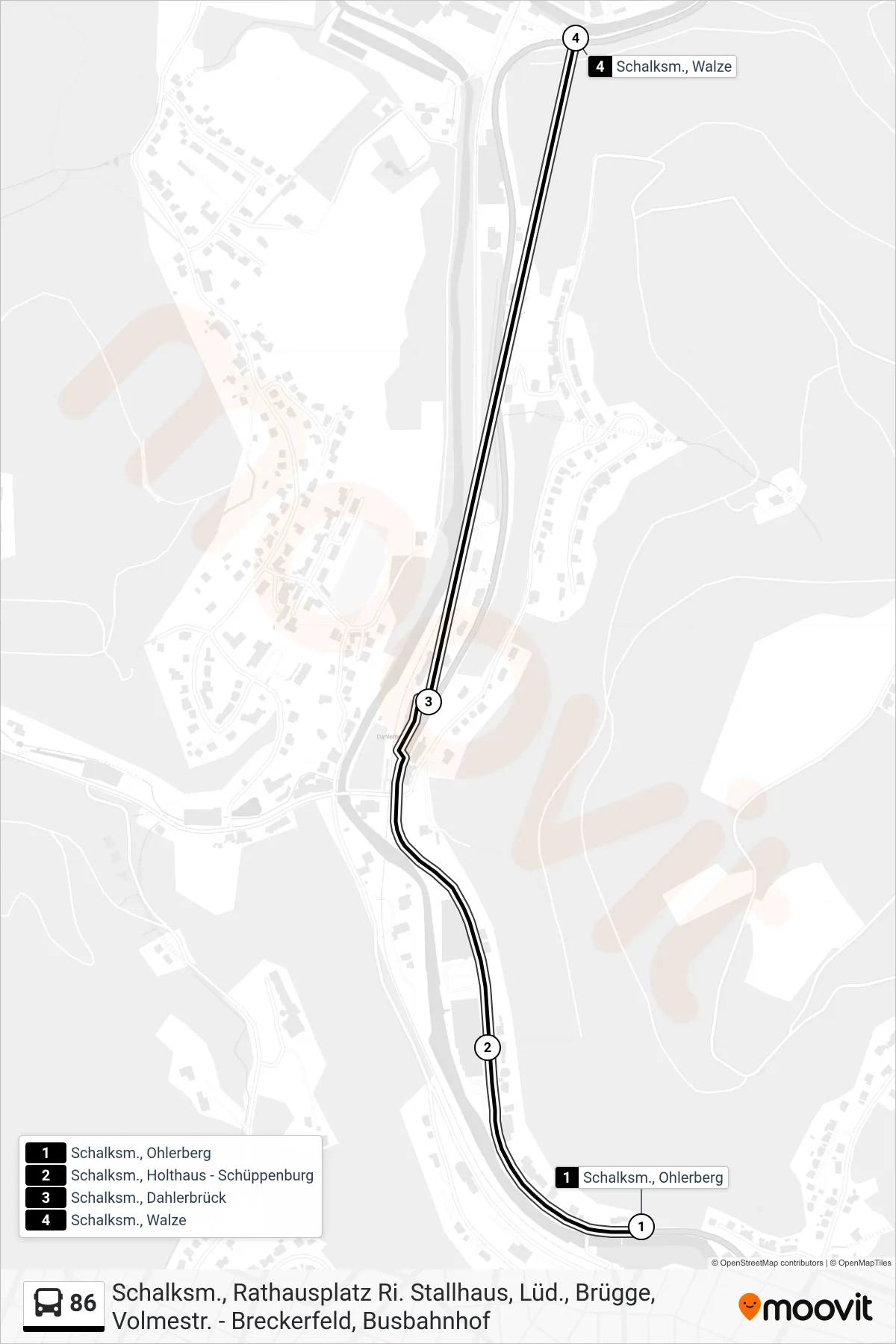 86 bus Line (Schalksm., Walze) route and stops on a map