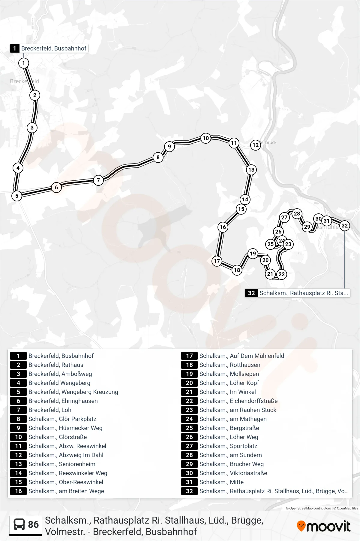 86 bus Line (Schalksm., Rathausplatz Ri. Stallhaus, Lüd., Brügge, Volmestr.) route and stops on a map
