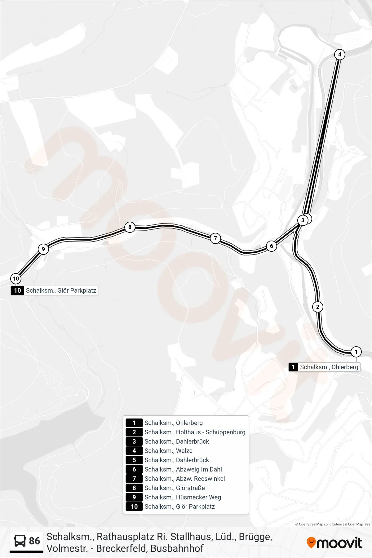 86 bus Line (Schalksm., Glör Parkplatz) route and stops on a map