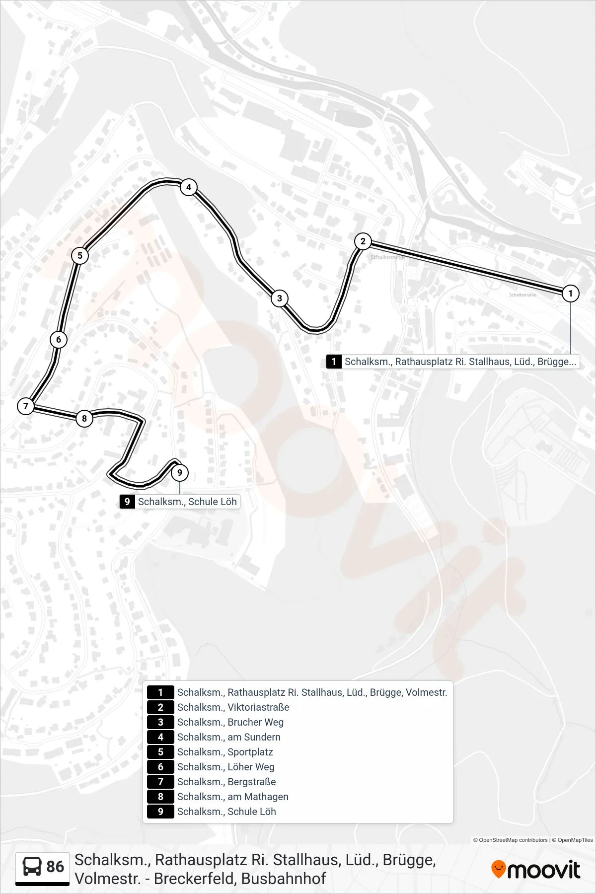 86 bus Line (Schalksm., Schule Löh) route and stops on a map