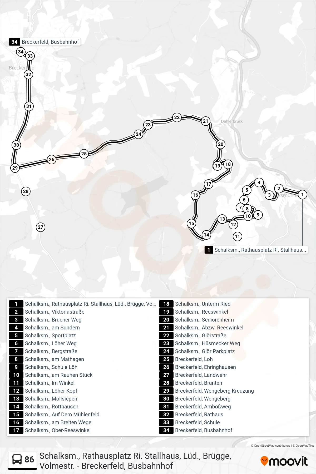 86 bus Line (Breckerfeld, Busbahnhof) route and stops on a map