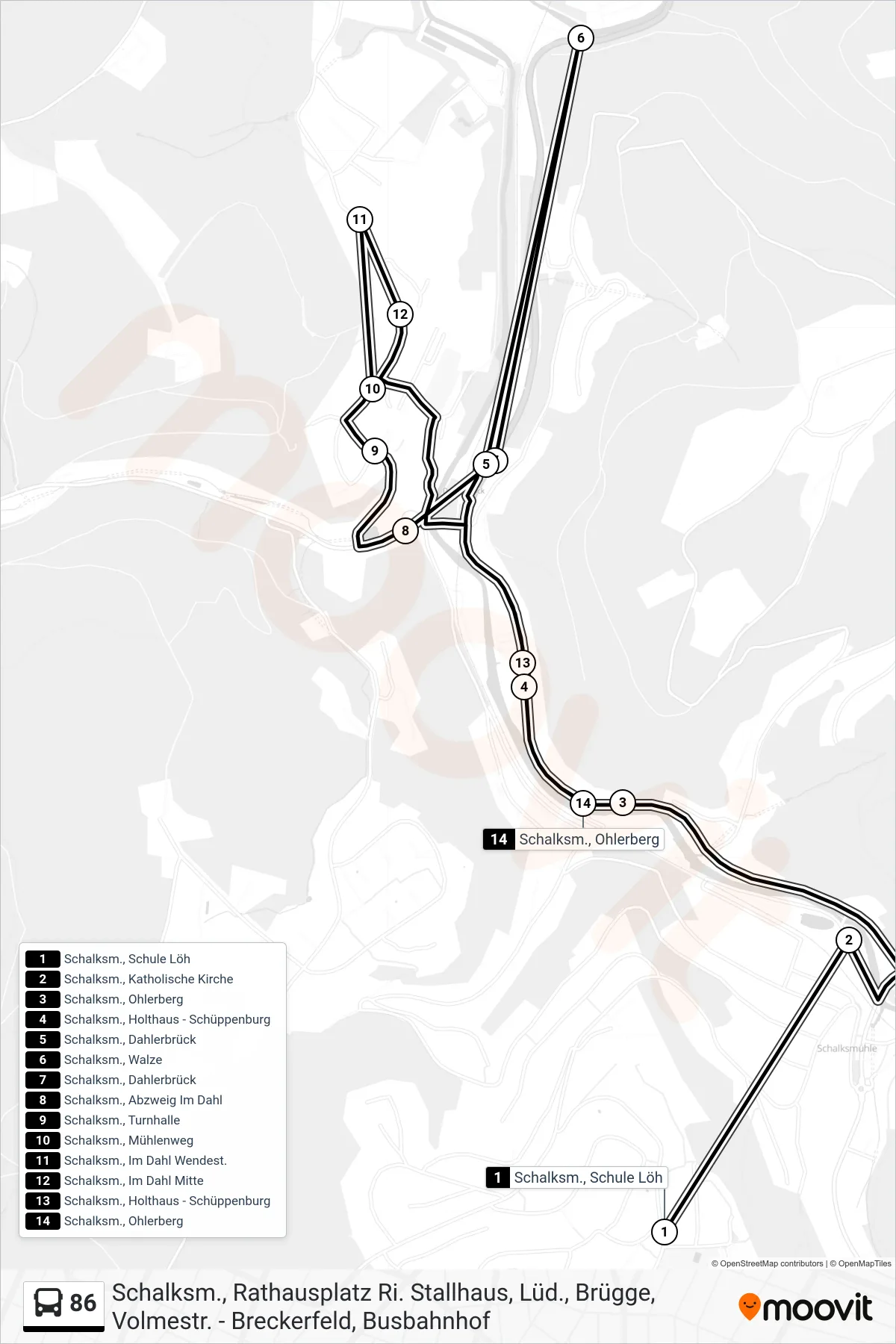 86 bus Line (Schalksm., Ohlerberg) route and stops on a map