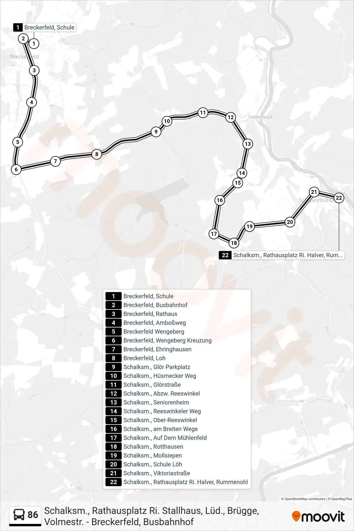 86 bus Line (Schalksm., Rathausplatz Ri. Halver, Rummenohl) route and stops on a map
