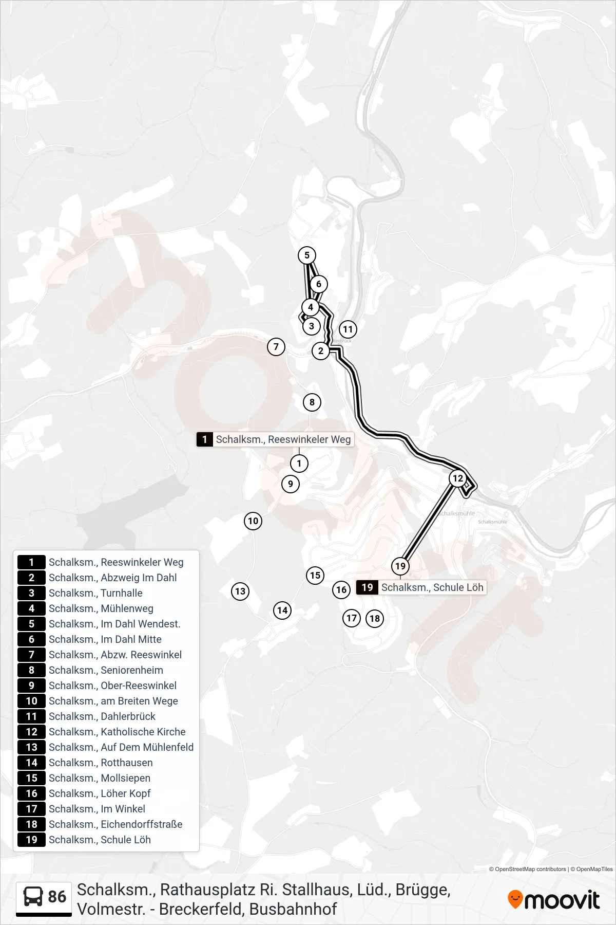 86 bus Line (Schalksm., Schule Löh) route and stops on a map