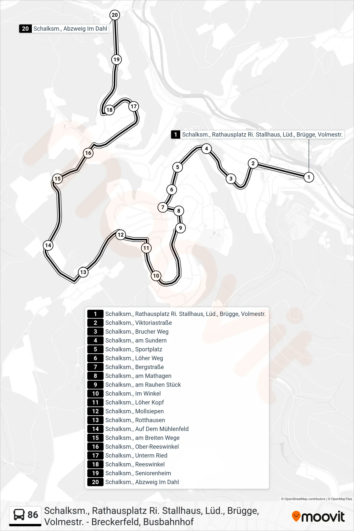 86 bus Line (Schalksm., Abzweig Im Dahl) route and stops on a map