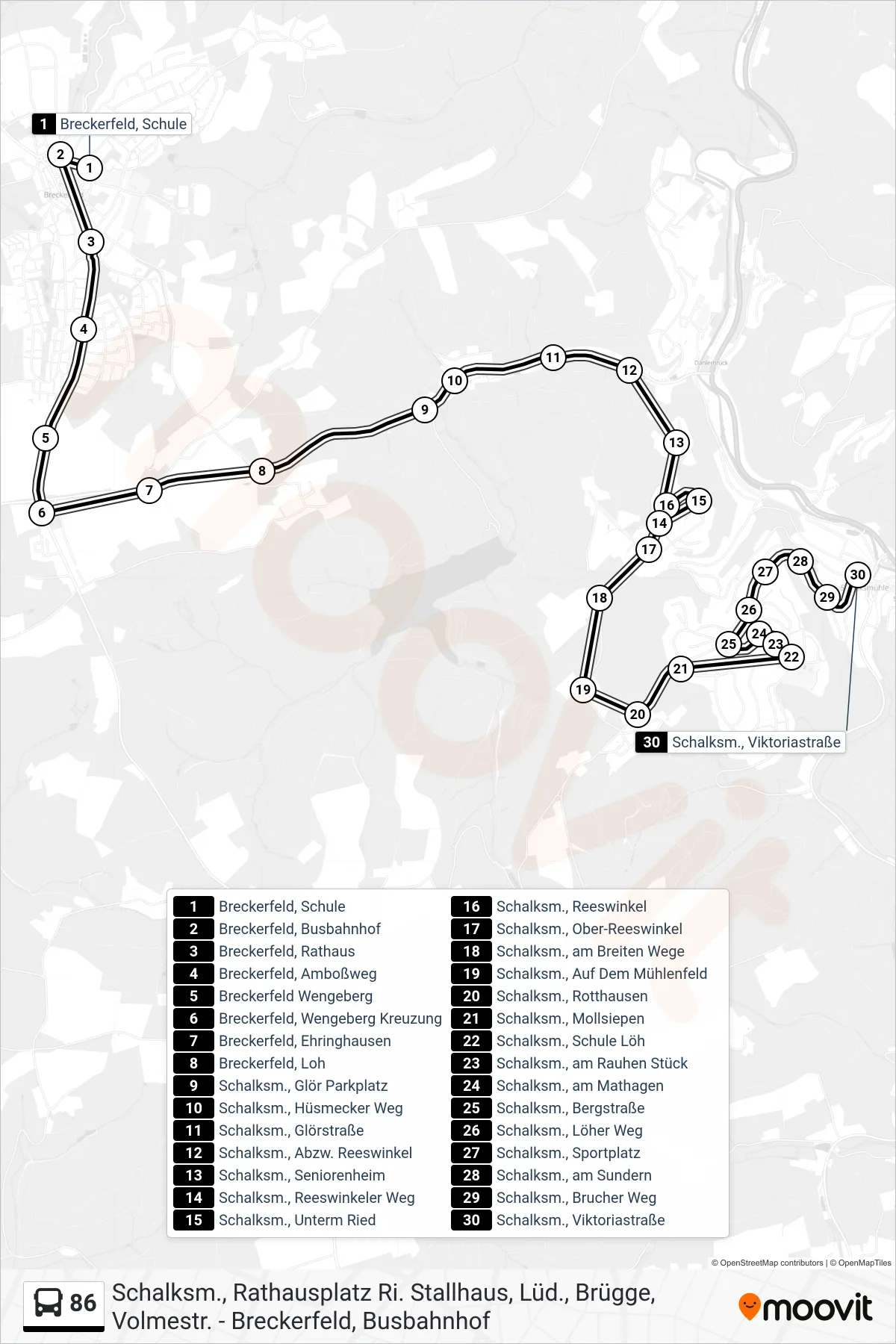 86 bus Line (Schalksm., Viktoriastraße) route and stops on a map