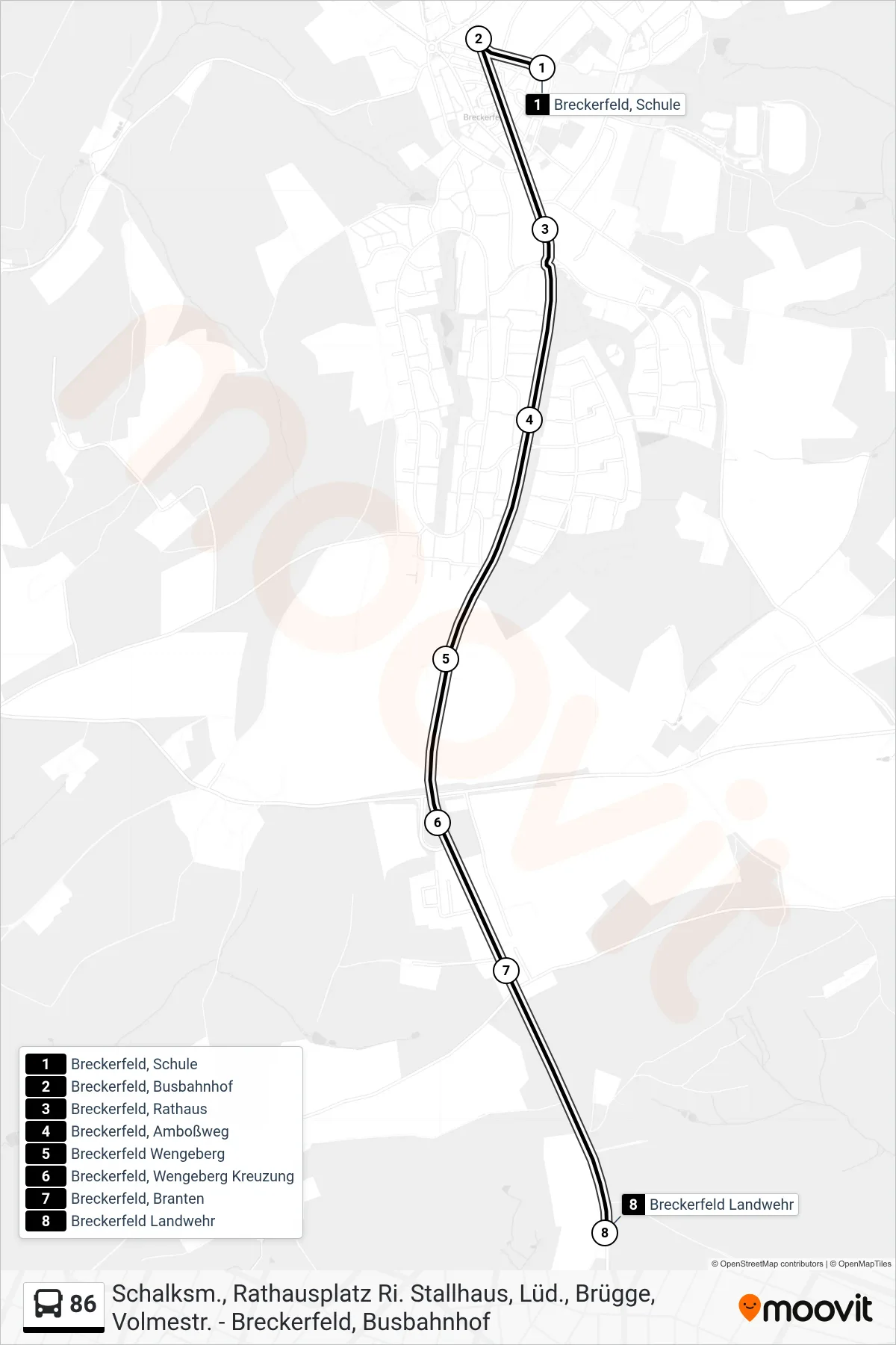 86 bus Line (Breckerfeld, Landwehr) route and stops on a map