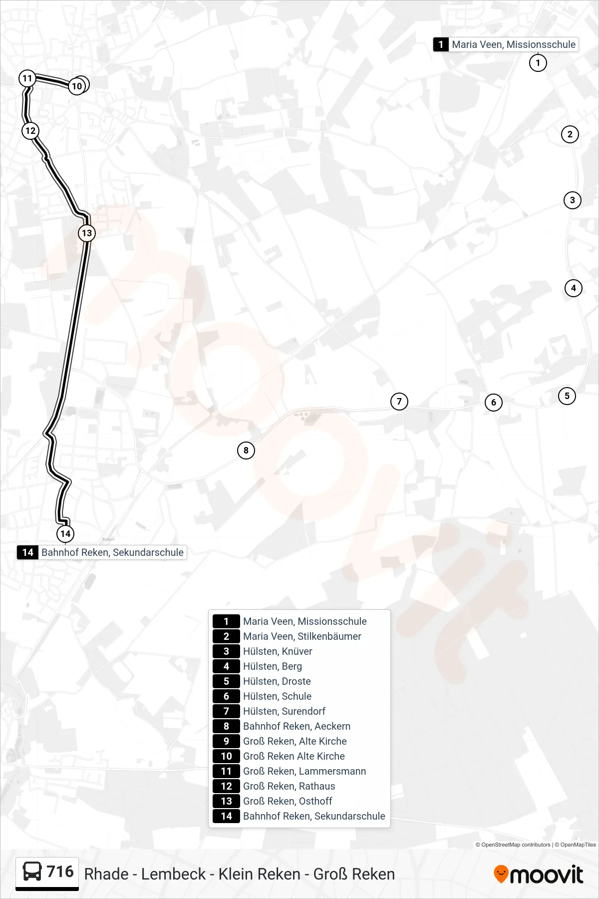 716 bus Line (Bahnhof Reken, Sekundarschule) route and stops on a map