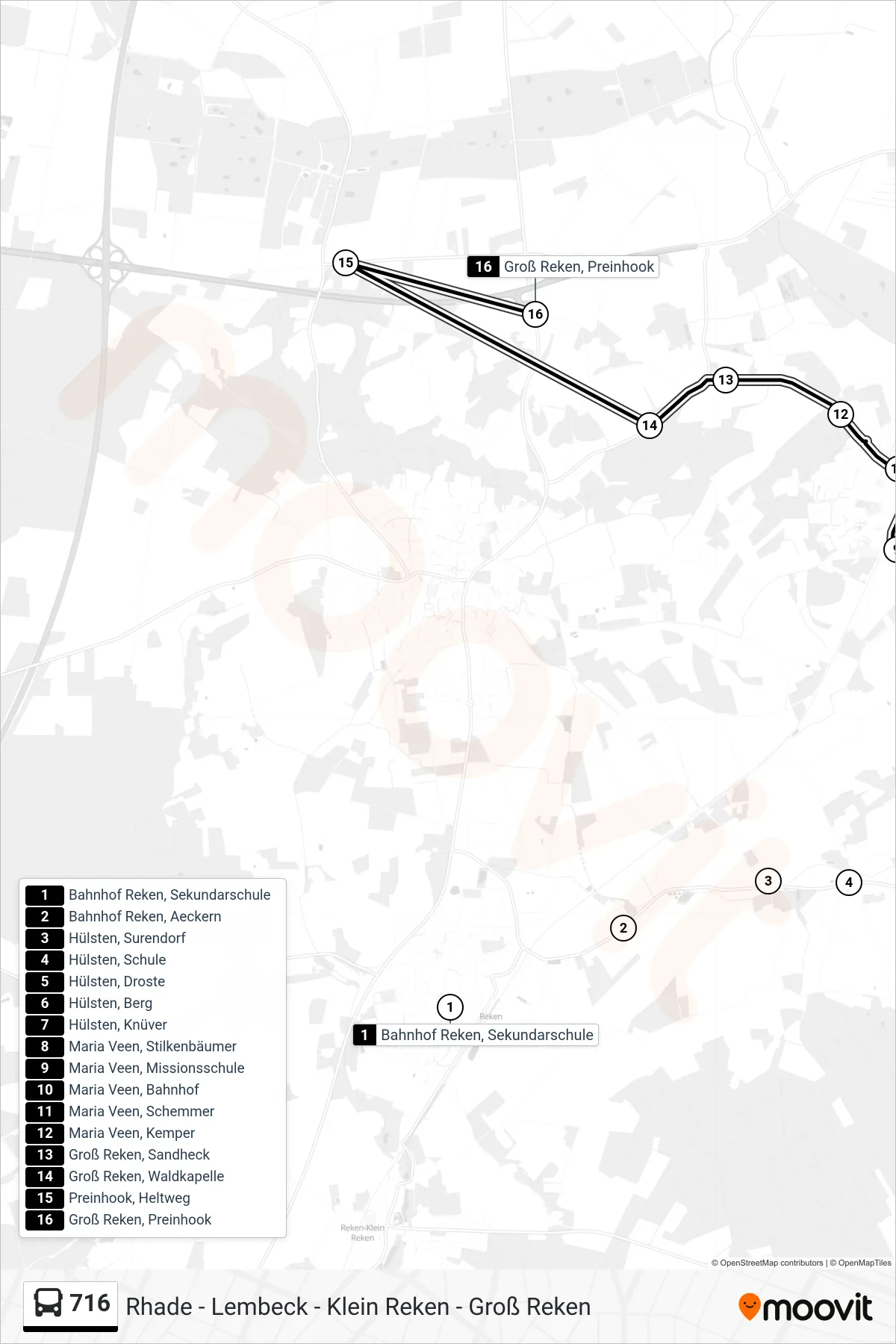 716 bus Line (Groß Reken, Preinhook) route and stops on a map