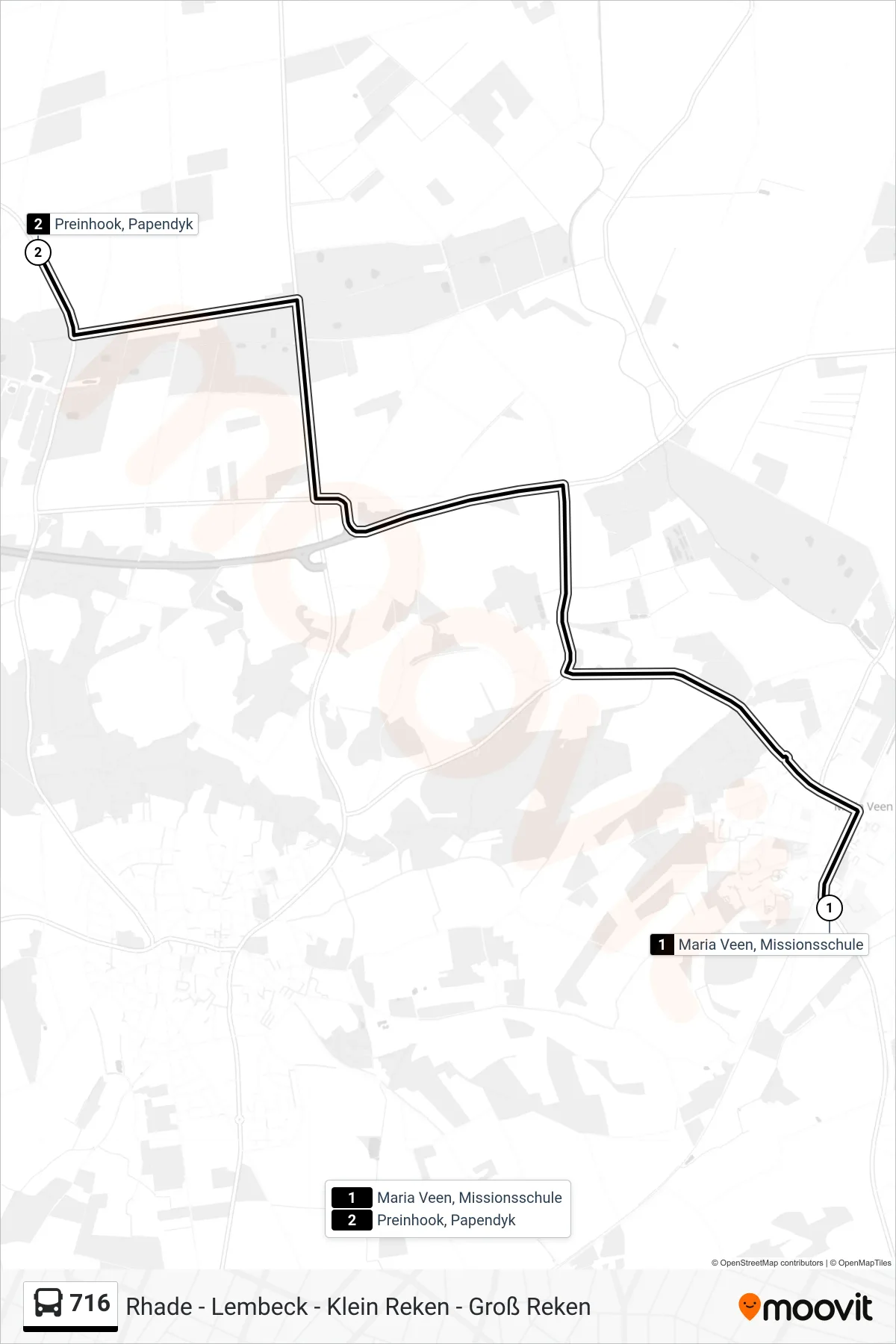 716 bus Line (Preinhook, Papendyk) route and stops on a map