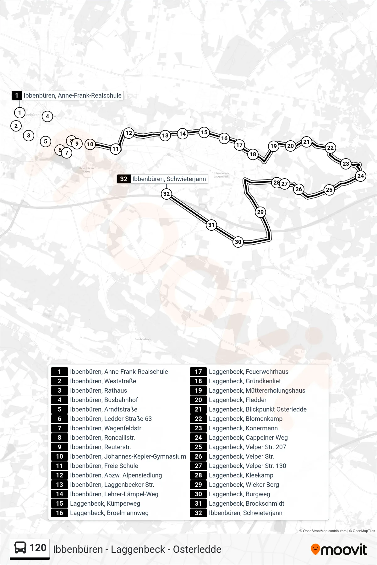 120 bus Line (Ibbenbüren, Schwieterjann) route and stops on a map
