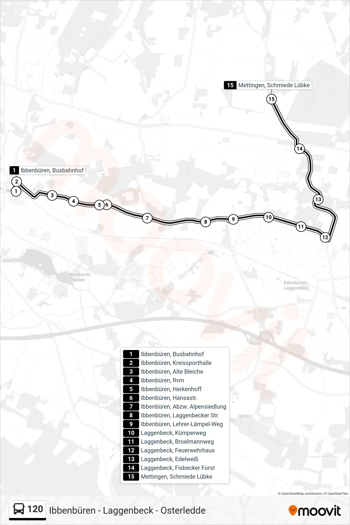 120 bus Line (Mettingen, Schmiede Lübke) route and stops on a map