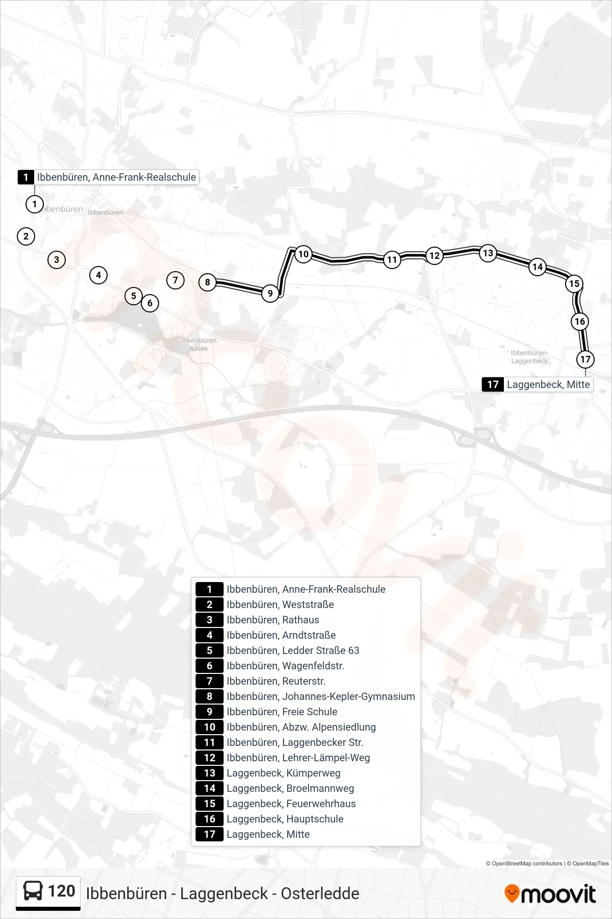 120 bus Line (Laggenbeck, Mitte) route and stops on a map