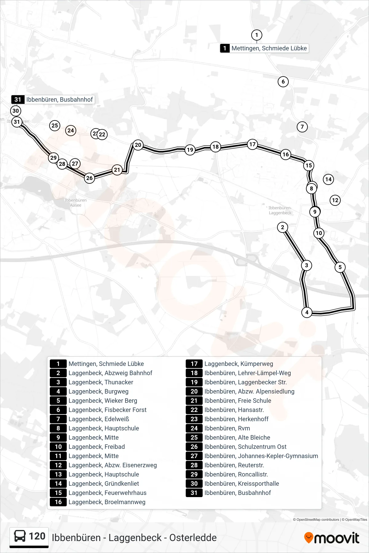 120 bus Line (Ibbenbüren, Busbahnhof) route and stops on a map