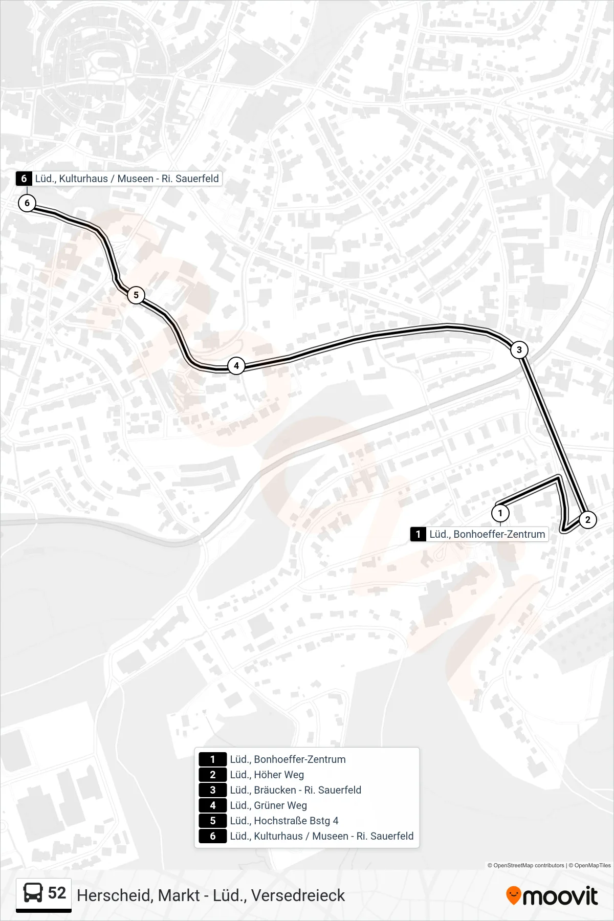 52 bus Line (Lüd., Kulturhaus / Museen - Ri. Sauerfeld) route and stops on a map