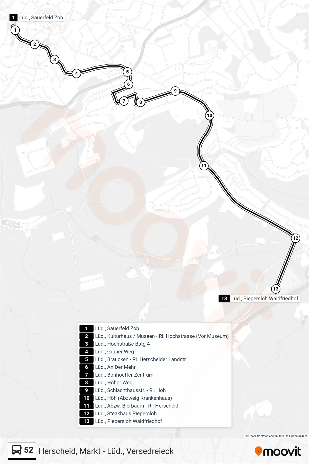52 bus Line (Lüd., Piepersloh Waldfriedhof) route and stops on a map