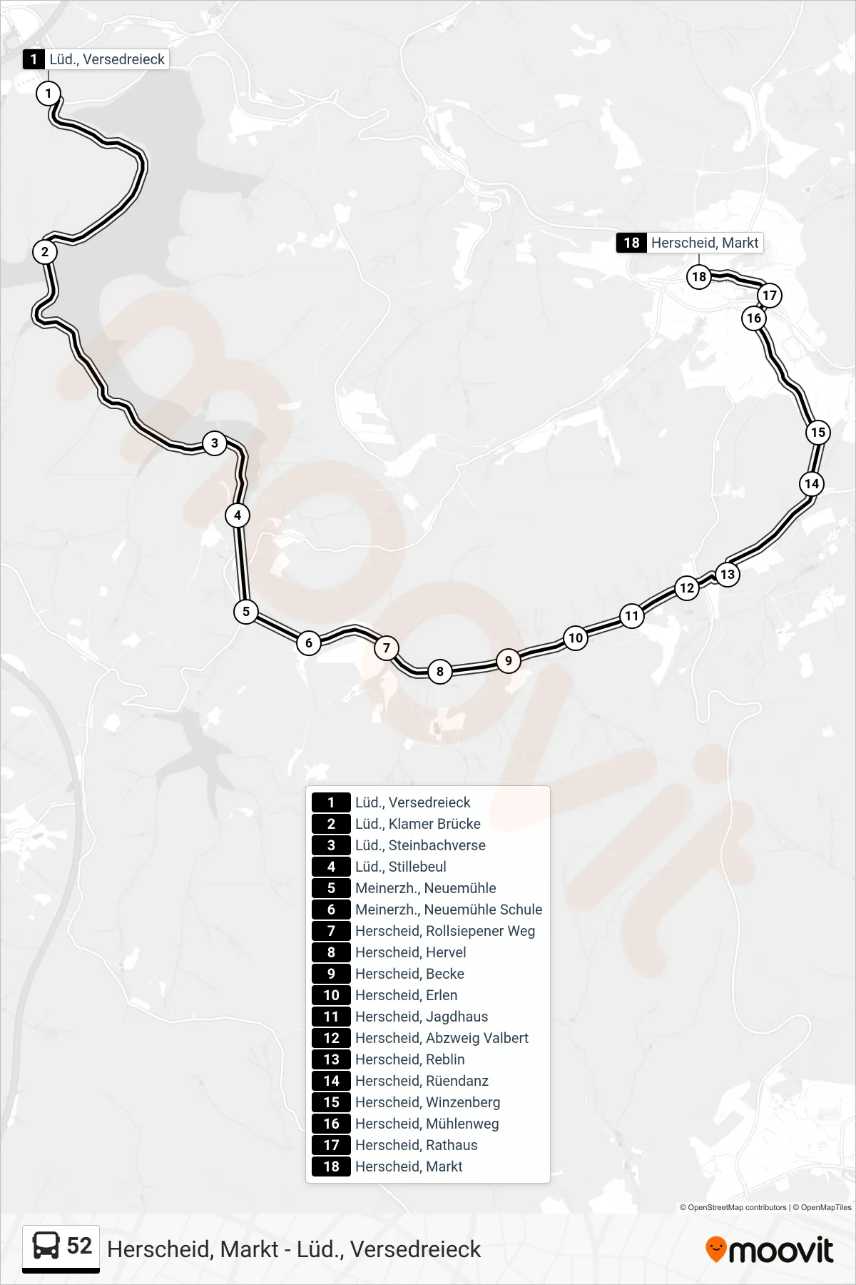 52 bus Line (Herscheid, Markt) route and stops on a map