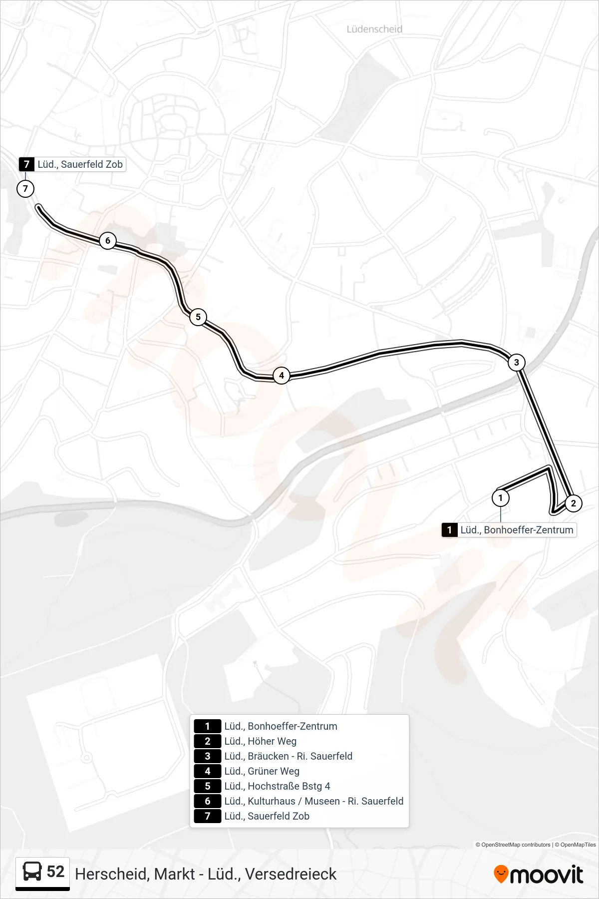52 bus Line (Lüd., Sauerfeld Zob - Steig 1a) route and stops on a map