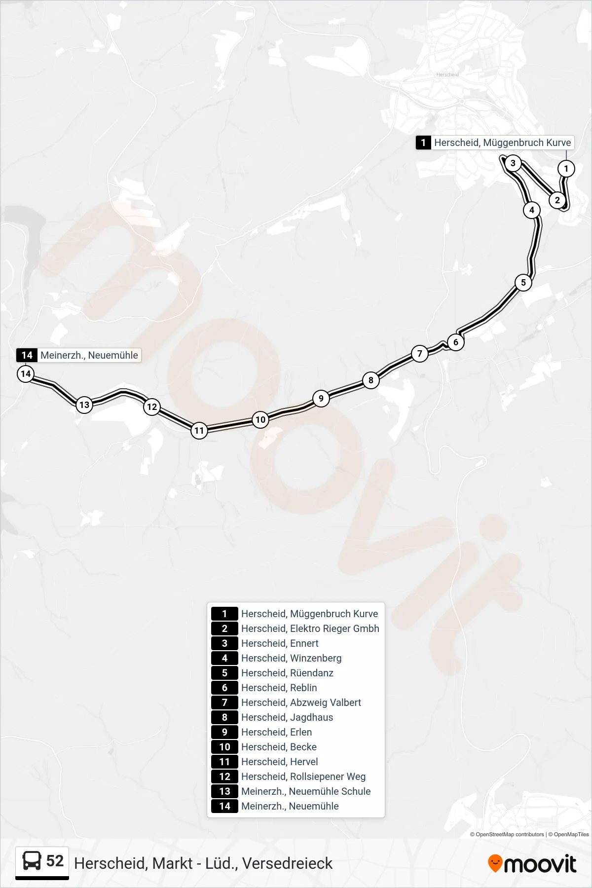 52 bus Line (Meinerzh., Neuemühle) route and stops on a map