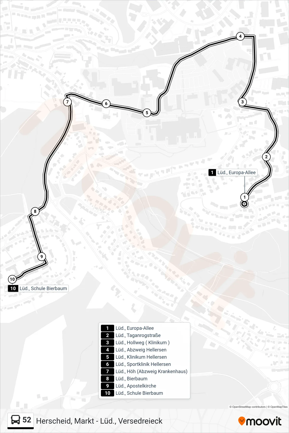 52 bus Line (Lüd., Schule Bierbaum) route and stops on a map