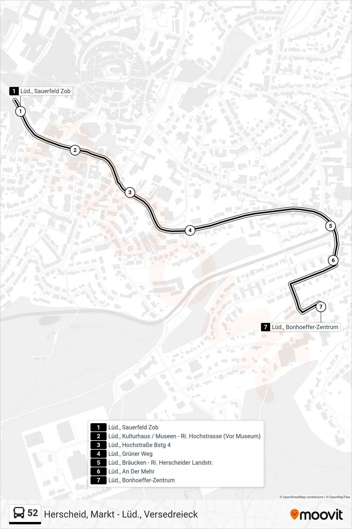52 bus Line (Lüd., Bonhoeffer-Zentrum) route and stops on a map