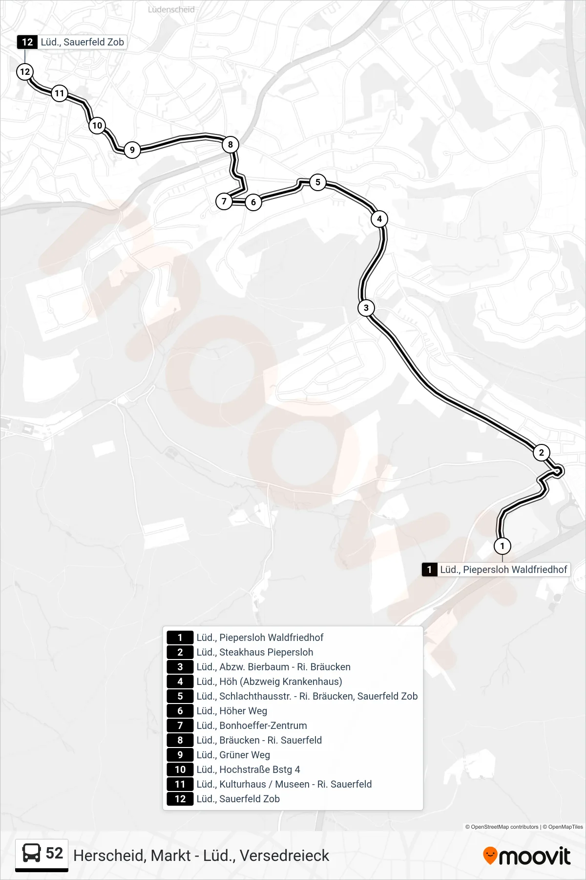 52 bus Line (Lüd., Sauerfeld Zob - Steig 1d) route and stops on a map