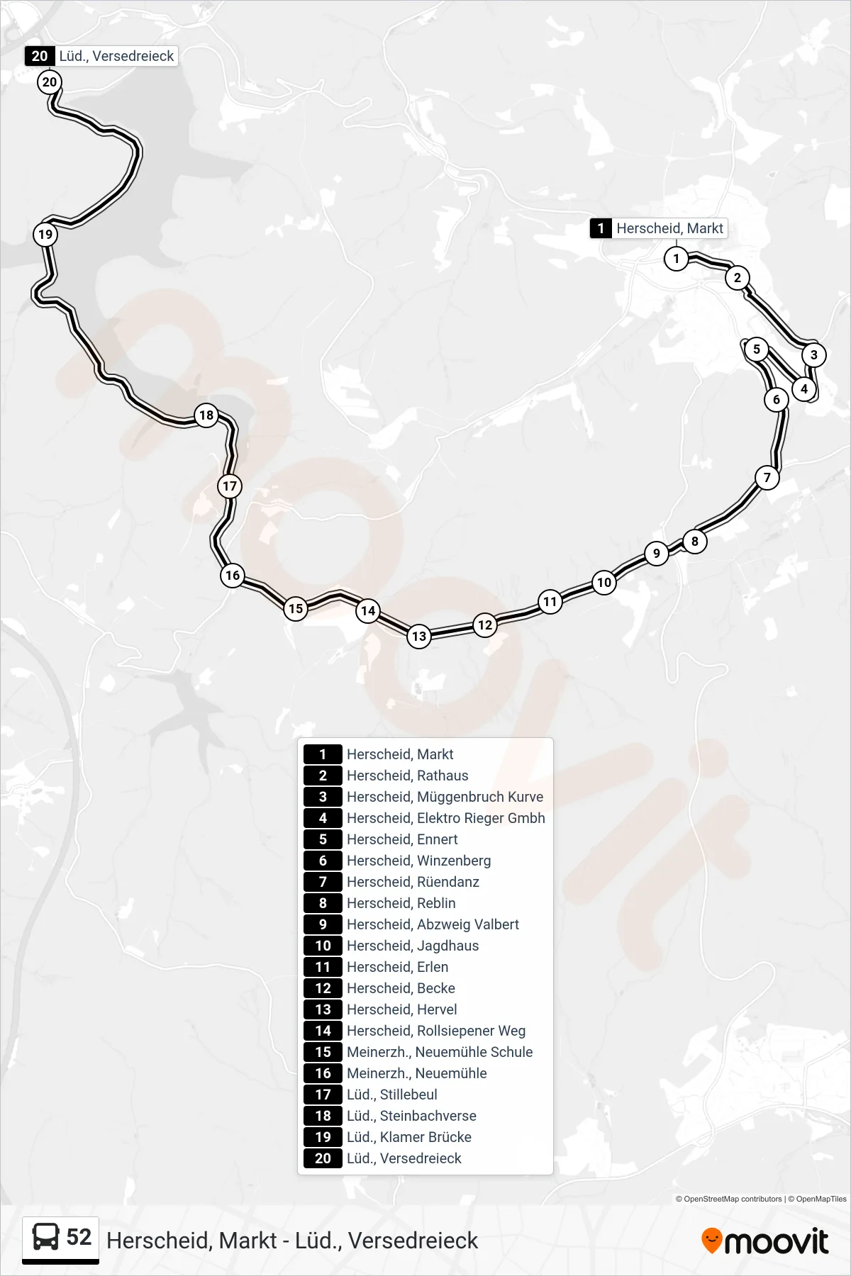 52 bus Line (Lüd., Versedreieck) route and stops on a map