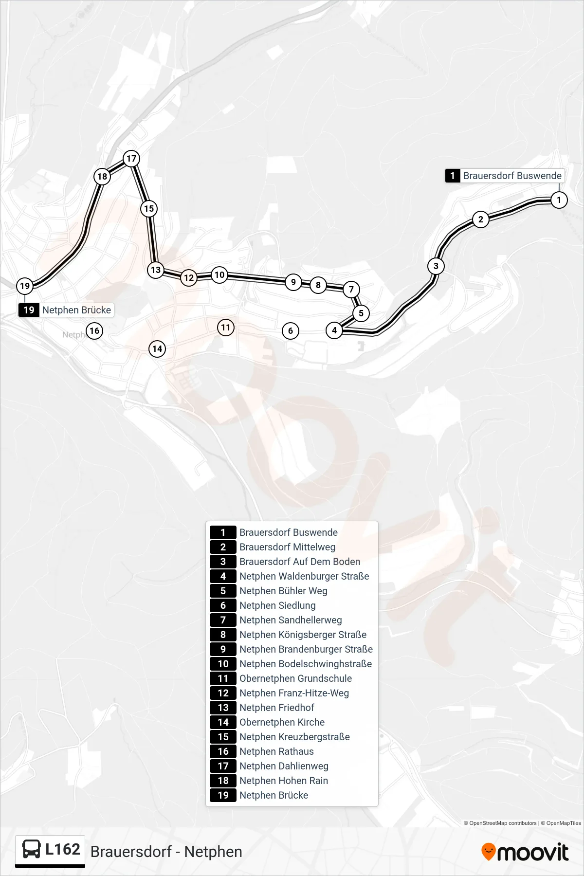 L162 bus Line (Netphen Brücke) route and stops on a map