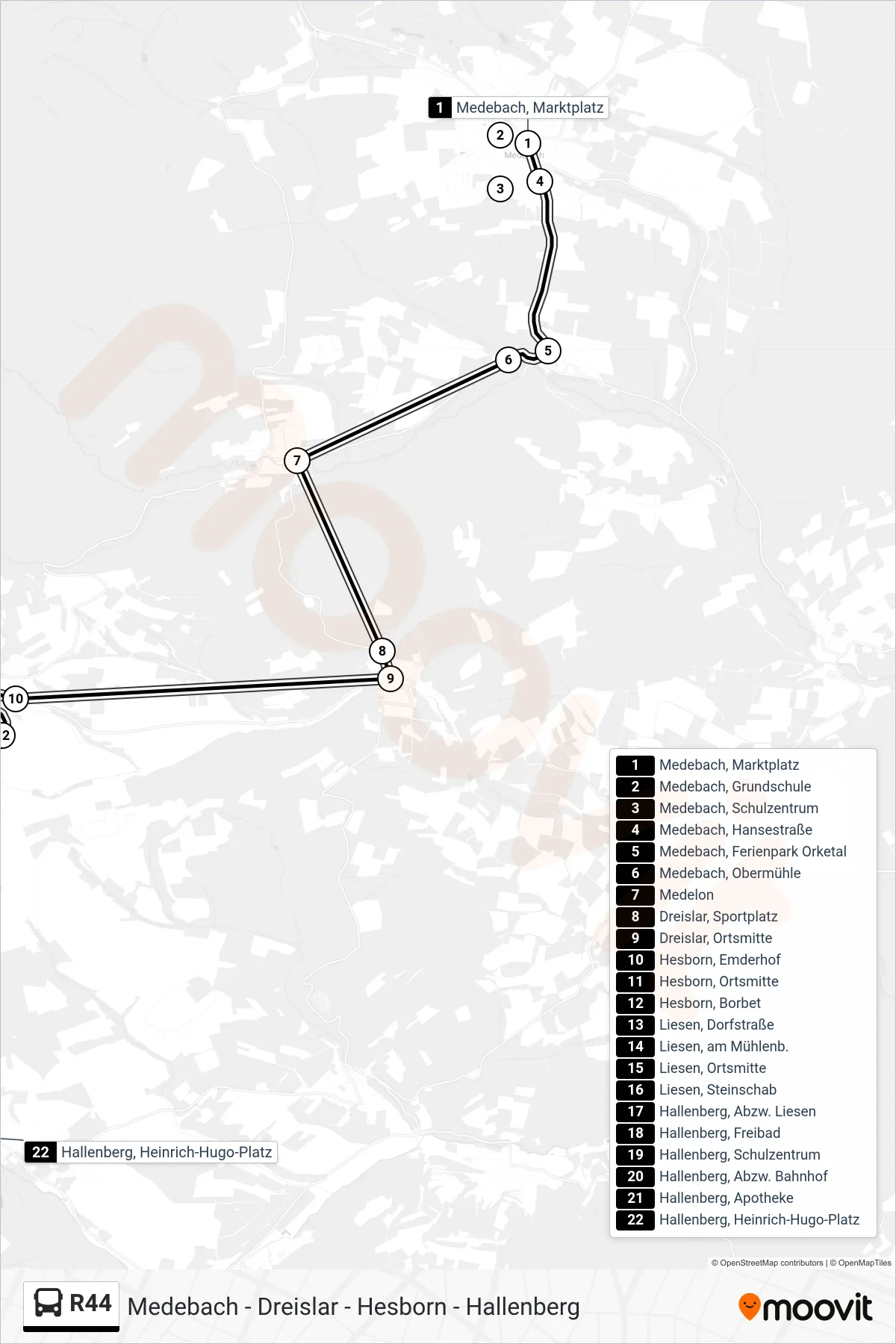 R44 bus Line (Hallenberg, Heinrich-Hugo-Platz) route and stops on a map