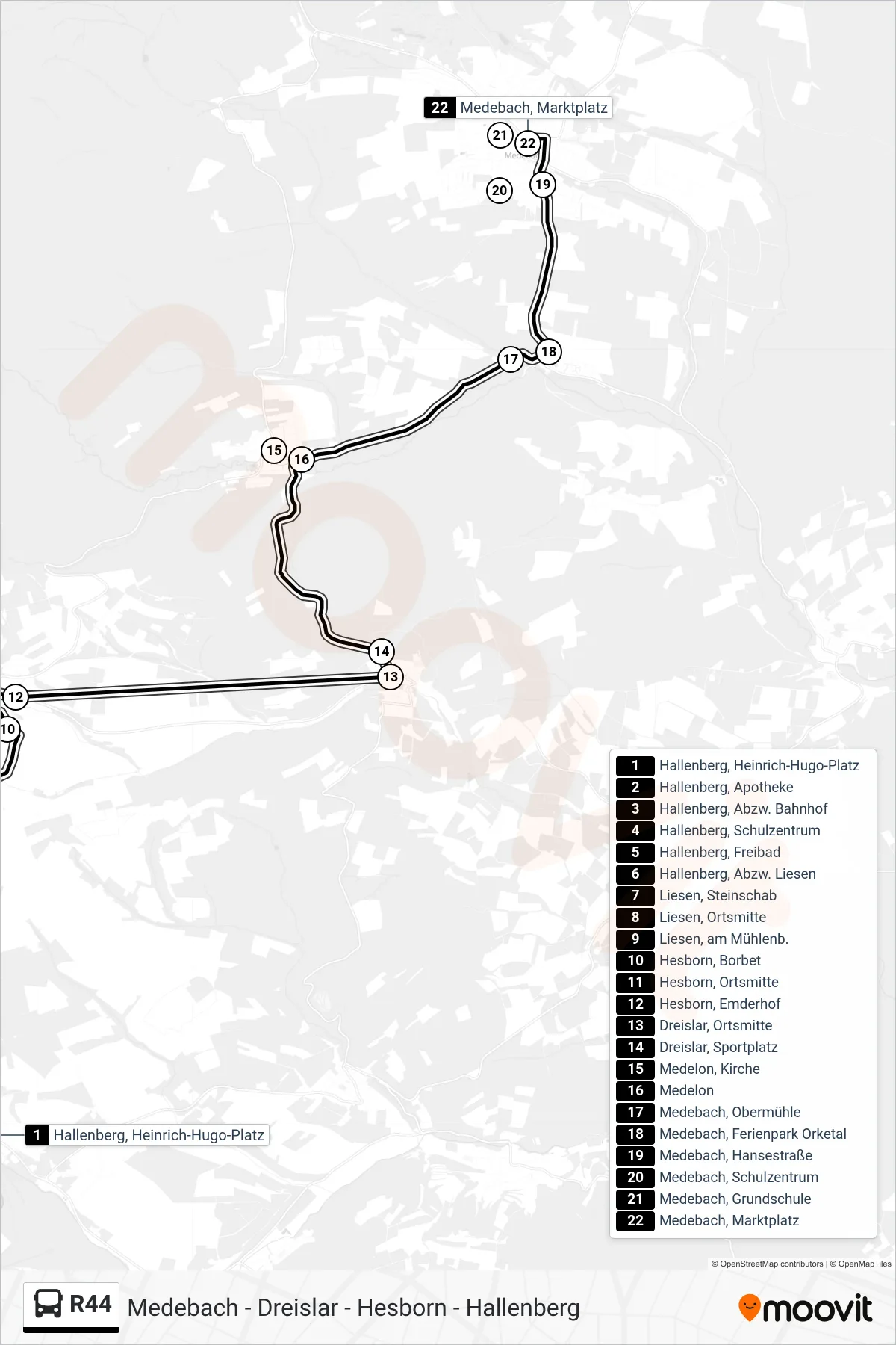 R44 bus Line (Medebach, Marktplatz) route and stops on a map